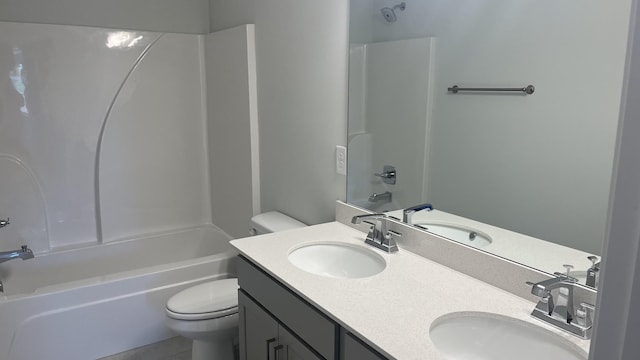 full bathroom featuring vanity, tile patterned floors, bathing tub / shower combination, and toilet