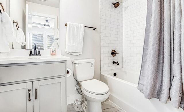 full bathroom with ceiling fan, vanity, toilet, and shower / tub combo