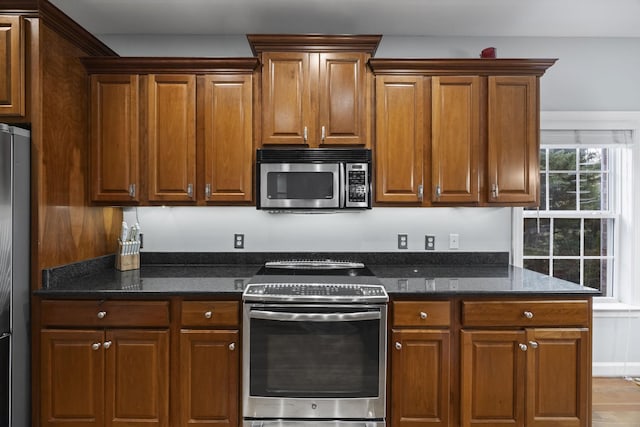 kitchen featuring stainless steel appliances and dark stone countertops