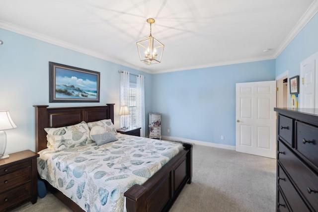 bedroom featuring crown molding, light colored carpet, and a chandelier