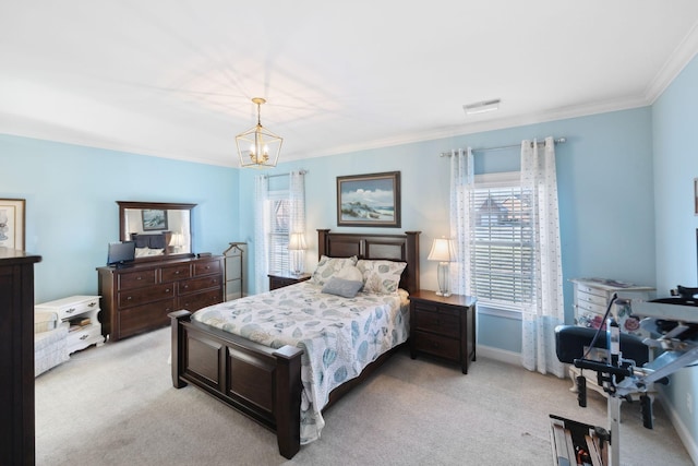 bedroom with multiple windows, a notable chandelier, crown molding, and light colored carpet