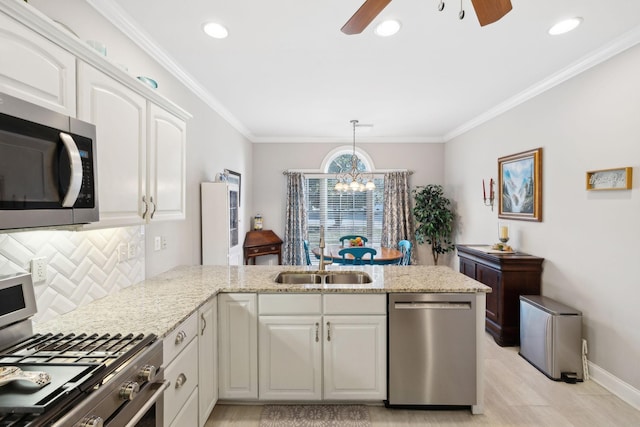 kitchen with sink, white cabinetry, appliances with stainless steel finishes, kitchen peninsula, and decorative backsplash