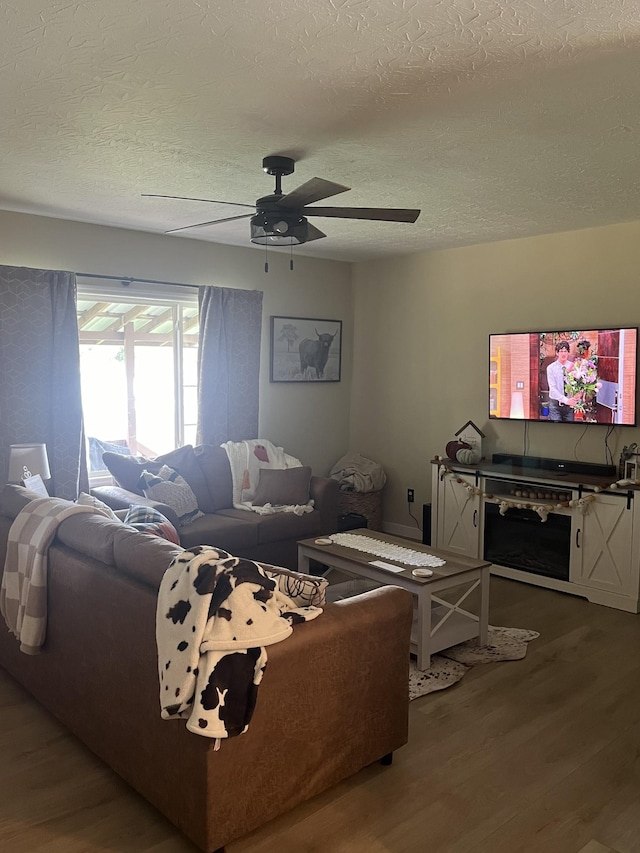 living room with wood-type flooring, ceiling fan, and a textured ceiling