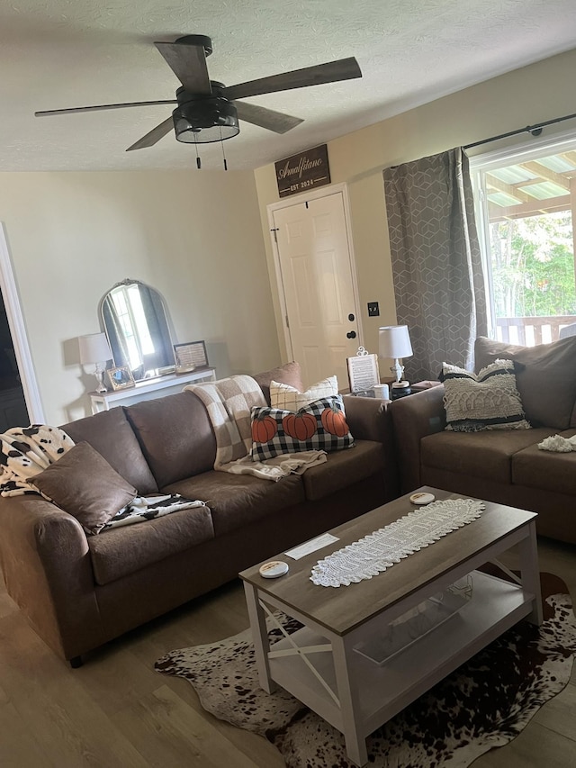 living room featuring hardwood / wood-style floors and ceiling fan