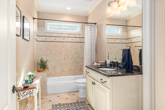 full bathroom with vanity, ornamental molding, and shower / bath combo