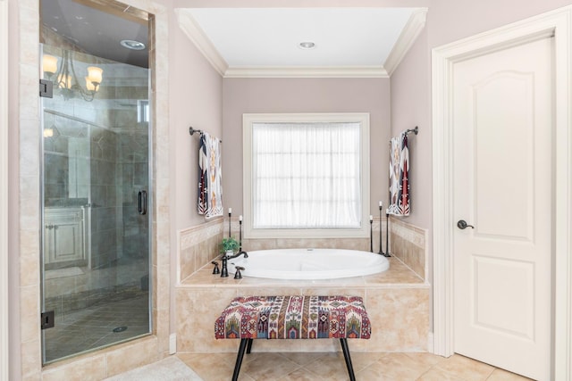 bathroom featuring crown molding, tile patterned floors, and separate shower and tub