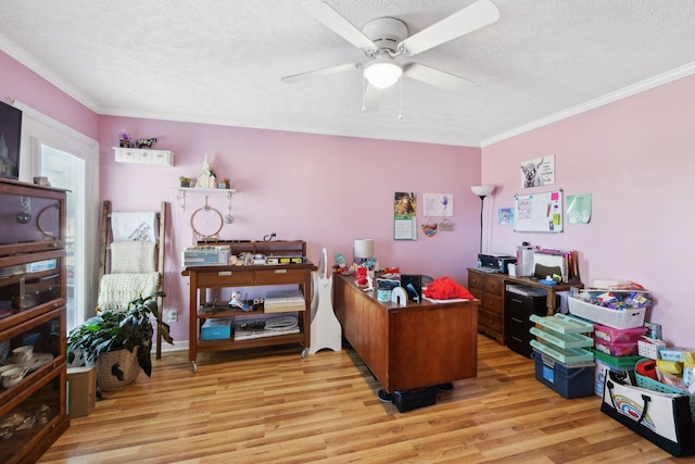 home office with ceiling fan, ornamental molding, light hardwood / wood-style flooring, and a textured ceiling