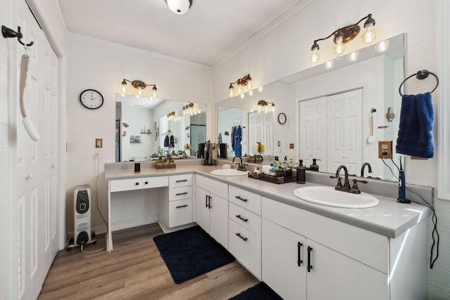 bathroom with hardwood / wood-style flooring, vanity, and ornamental molding