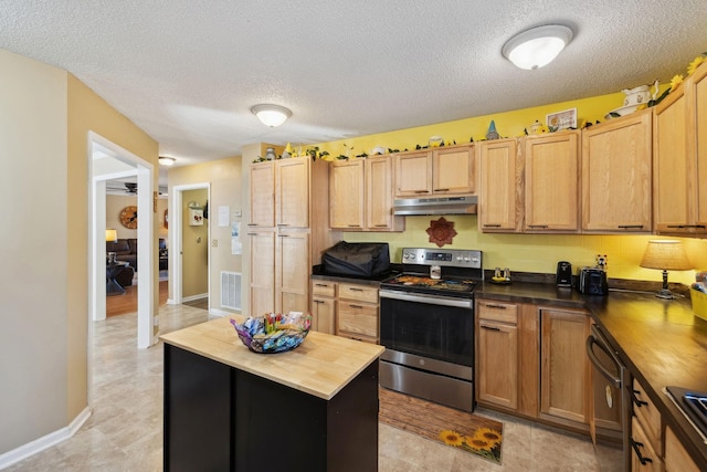 kitchen with dishwasher, butcher block countertops, stainless steel range with electric cooktop, and a textured ceiling