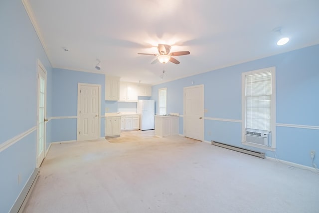 unfurnished living room with a baseboard radiator, light carpet, and ceiling fan