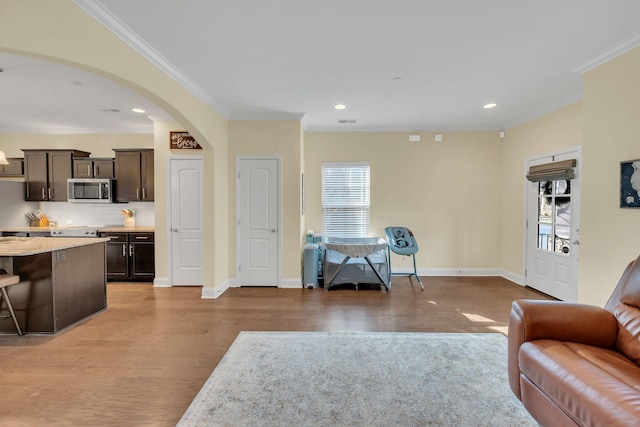 living room with light hardwood / wood-style flooring and ornamental molding