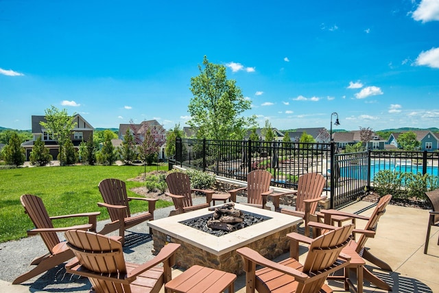 view of patio featuring a fenced in pool and a fire pit