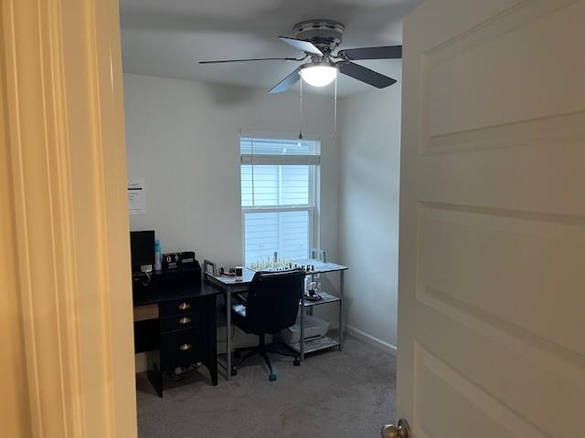 office area with carpet floors and a ceiling fan