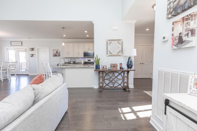 living room with crown molding, sink, and dark hardwood / wood-style flooring