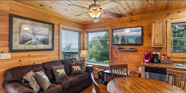 living room with wood ceiling, wooden walls, and a wealth of natural light