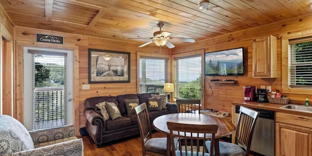 dining space featuring sink, wood walls, wood ceiling, light hardwood / wood-style flooring, and ceiling fan