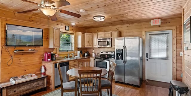 kitchen with wood walls, sink, wood ceiling, light hardwood / wood-style floors, and stainless steel appliances