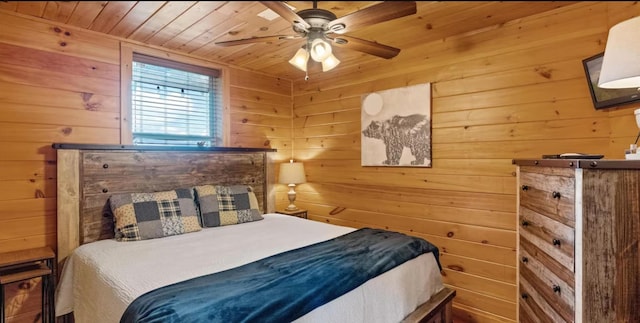 bedroom with wooden ceiling, ceiling fan, and wood walls