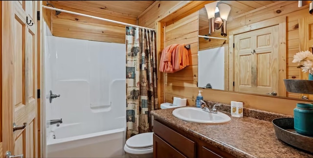 full bathroom with shower / bathtub combination with curtain, wood ceiling, vanity, toilet, and wood walls