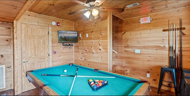 recreation room with billiards, wooden ceiling, and wood walls