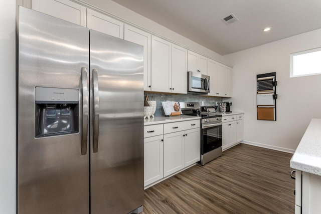 kitchen featuring white cabinetry, backsplash, stainless steel appliances, and dark hardwood / wood-style floors