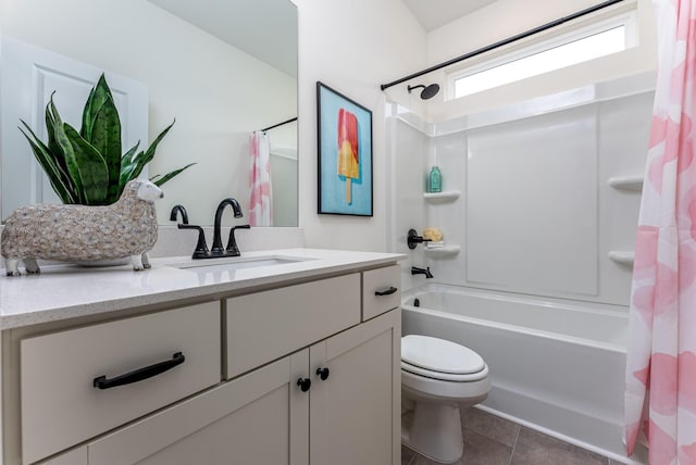 full bathroom featuring vanity, tile patterned floors, toilet, and shower / bathtub combination with curtain