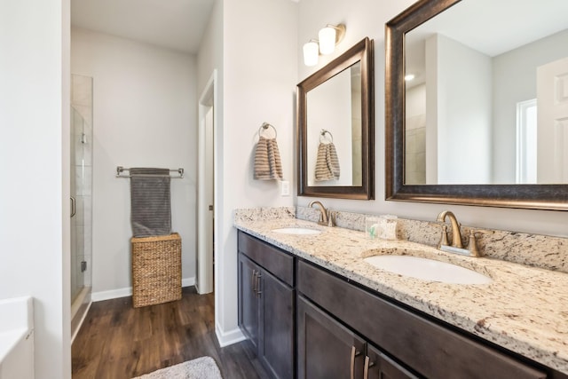 bathroom with walk in shower, wood-type flooring, and vanity