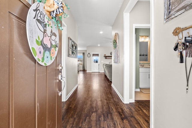 foyer entrance featuring dark wood-type flooring and sink