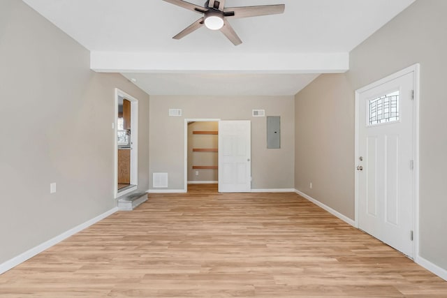 foyer with ceiling fan, electric panel, beamed ceiling, and light wood-type flooring