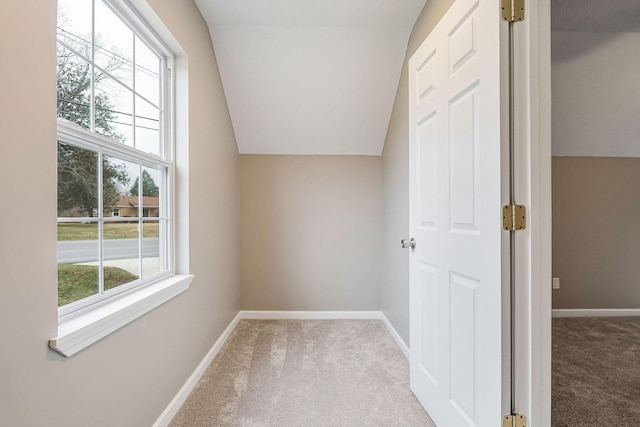 additional living space with vaulted ceiling and carpet flooring