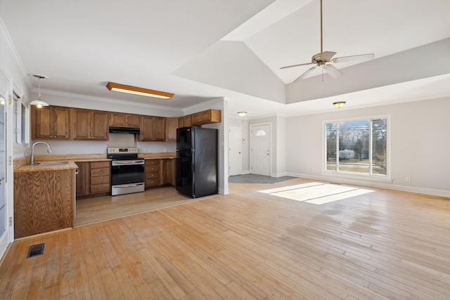 kitchen featuring sink, black refrigerator, light hardwood / wood-style floors, vaulted ceiling, and stainless steel range with electric cooktop