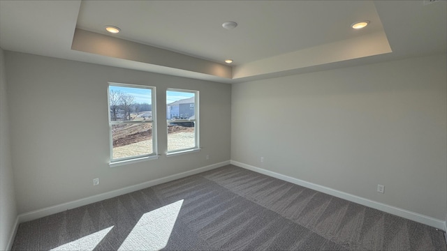 carpeted spare room featuring a raised ceiling