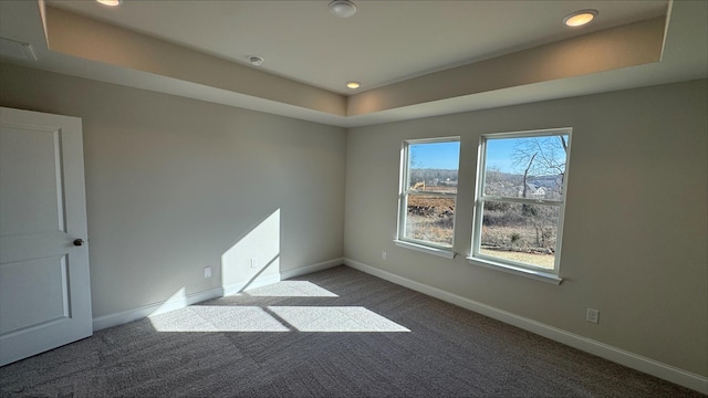 carpeted spare room featuring a tray ceiling