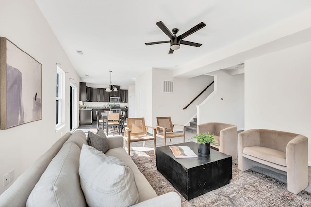 living room with ceiling fan