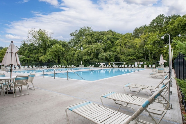 view of swimming pool featuring a patio area