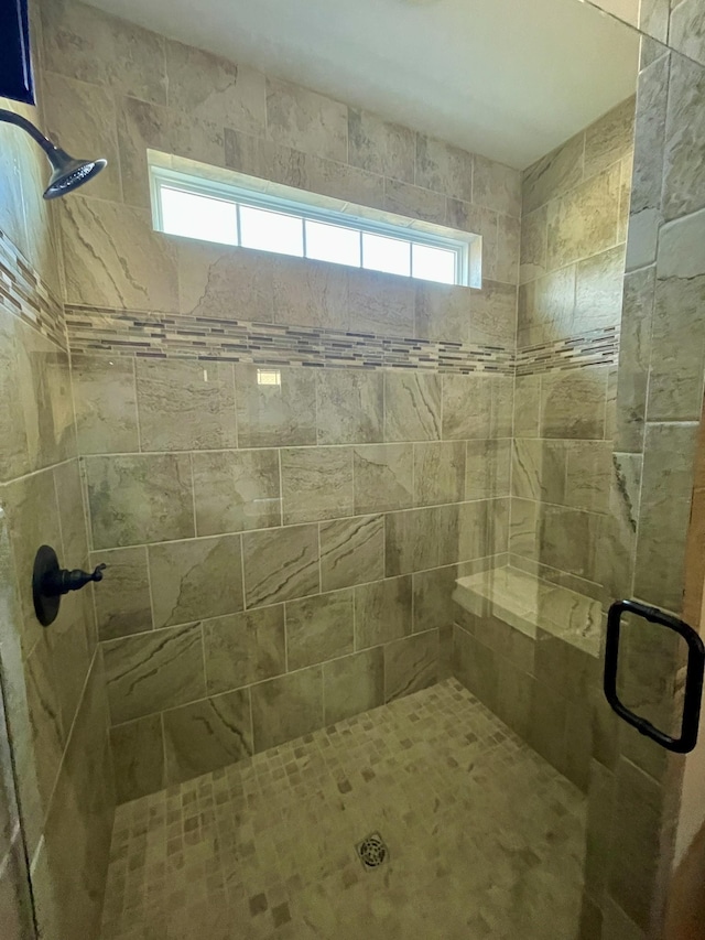 bathroom with a shower with shower door