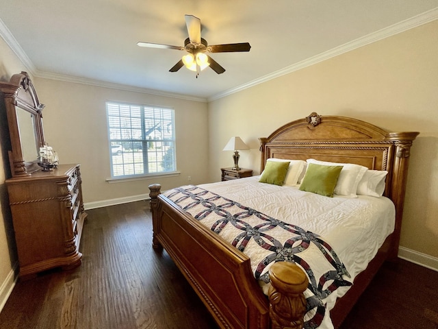 bedroom with crown molding, ceiling fan, and dark hardwood / wood-style flooring