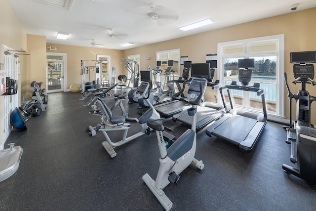 gym featuring ceiling fan