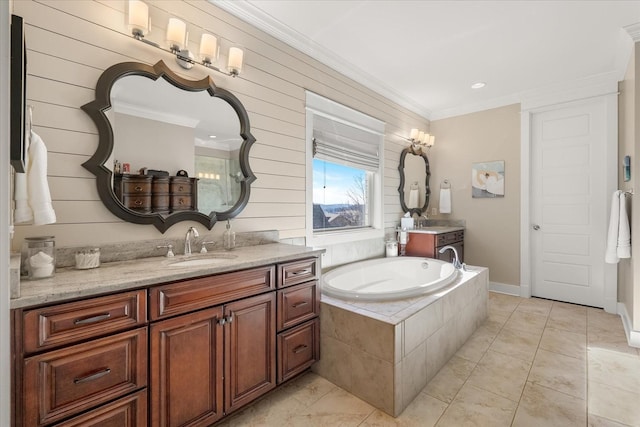 bathroom featuring ornamental molding, a relaxing tiled tub, and vanity