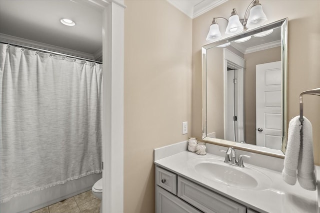 bathroom featuring walk in shower, tile patterned floors, toilet, crown molding, and vanity