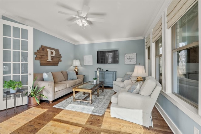 living room featuring crown molding, wood-type flooring, and ceiling fan