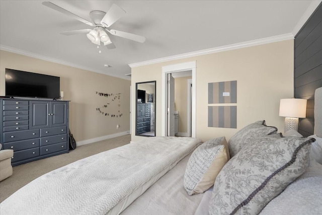 bedroom with crown molding, light colored carpet, and ceiling fan