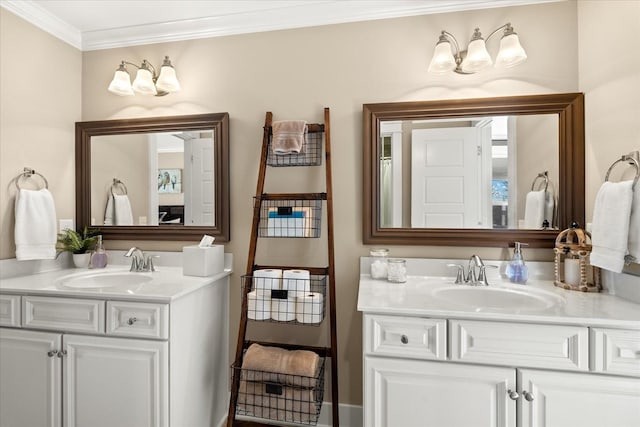 bathroom featuring ornamental molding and vanity