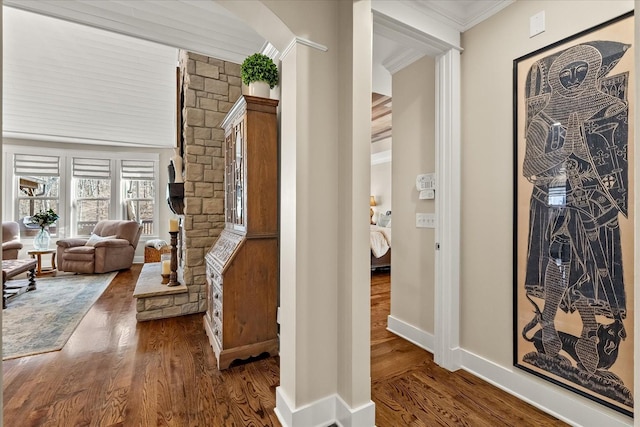 interior space with ornamental molding and dark hardwood / wood-style floors