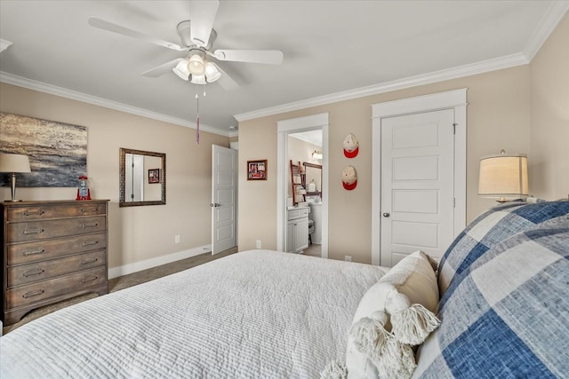 carpeted bedroom with crown molding, ensuite bathroom, and ceiling fan