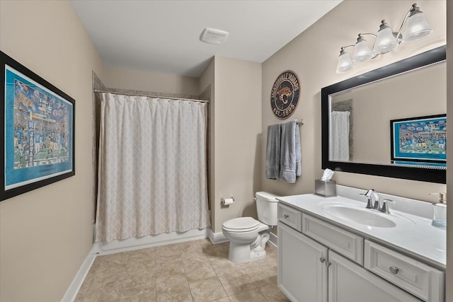 full bathroom featuring toilet, vanity, shower / bathtub combination with curtain, and tile patterned flooring