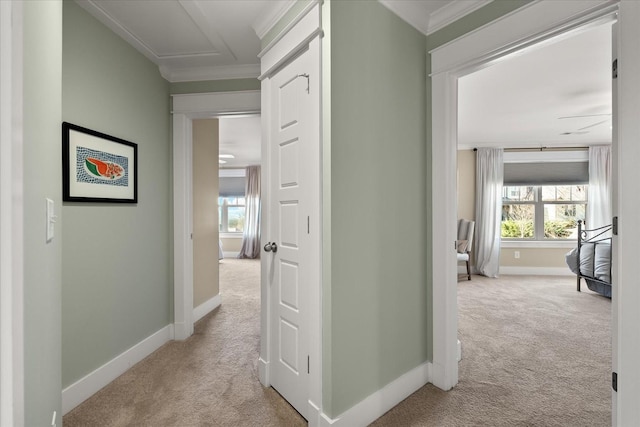 hall featuring crown molding and light colored carpet