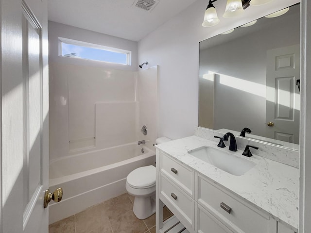 full bathroom featuring shower / tub combination, vanity, tile patterned floors, and toilet