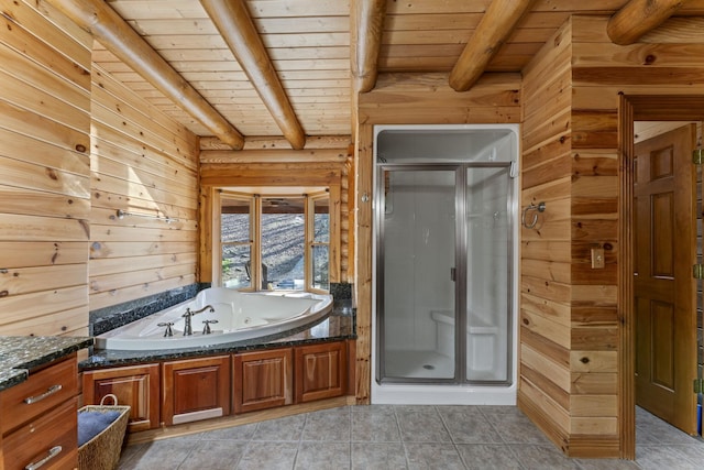 bathroom with beamed ceiling, wood ceiling, wooden walls, and independent shower and bath