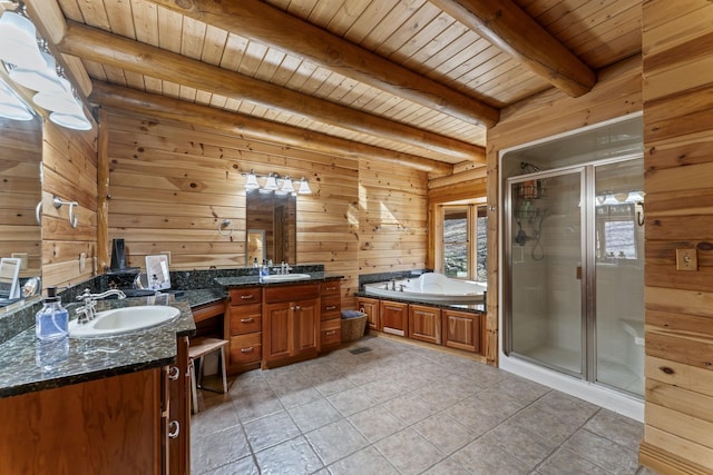 bathroom with plus walk in shower, wood walls, beamed ceiling, vanity, and wood ceiling